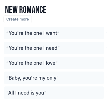 Simple suggestions for lyrics about "new romance"