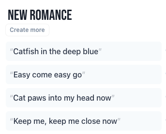 Highly creative suggestions for lyrics about "new romance"